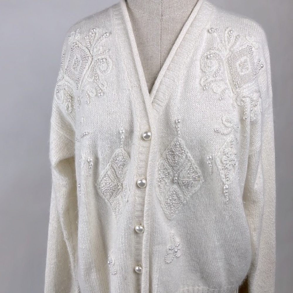 Vintage look beaded white sweater
